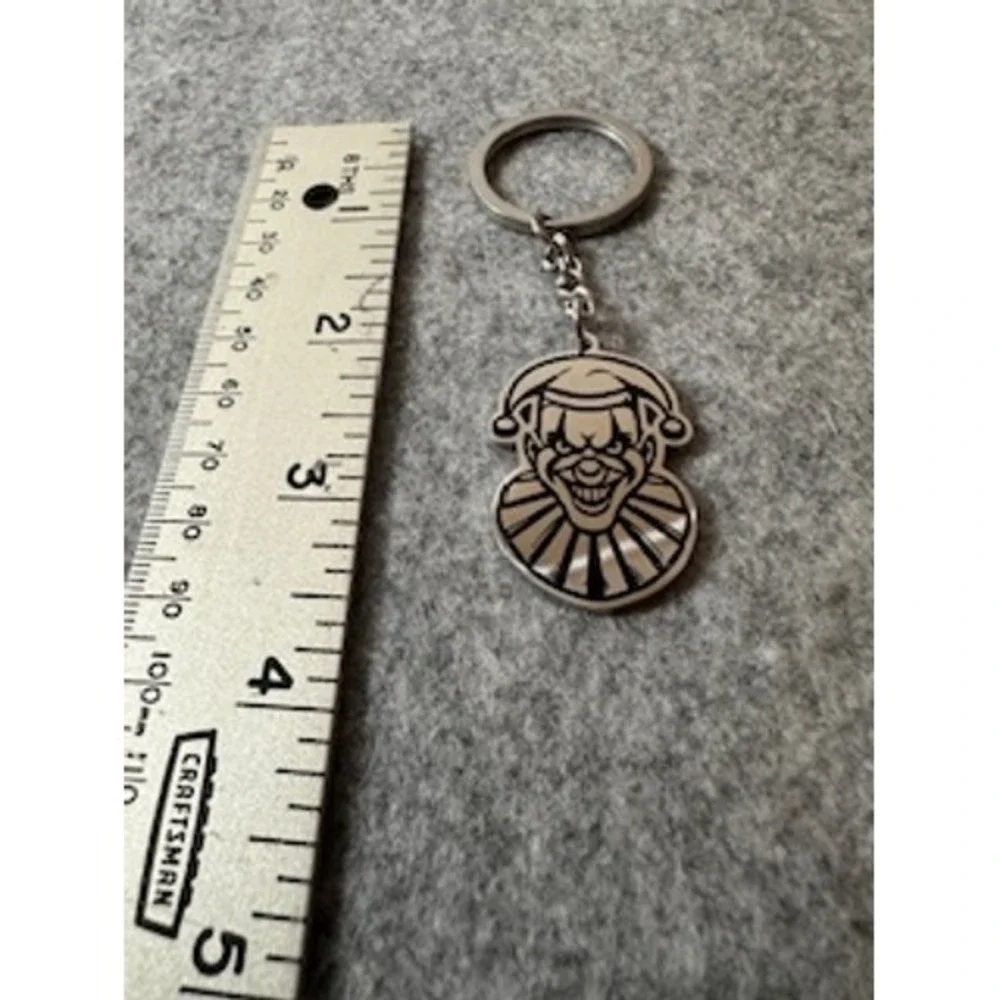 Evil Clown Metal Keychain Silver Tone Horror Jester Charm Key Ring Accessory
